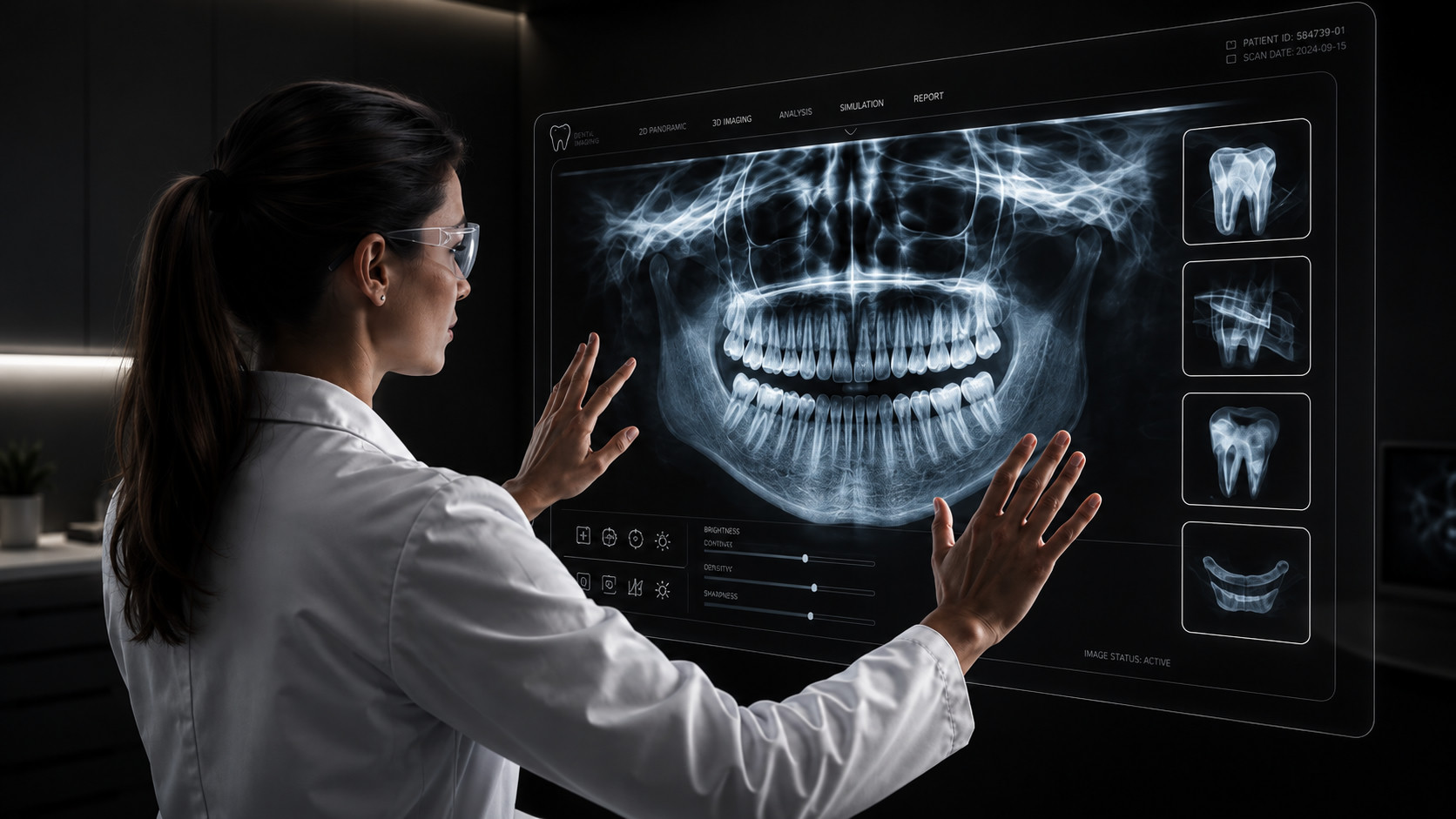 Clinician reviewing a panoramic dental X-ray on a large interactive display